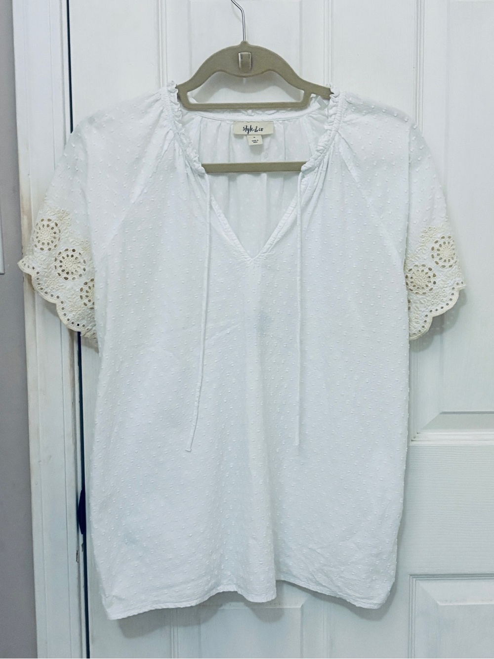 Style & Co White Eyelet Short Sleeve Top with Cream Details